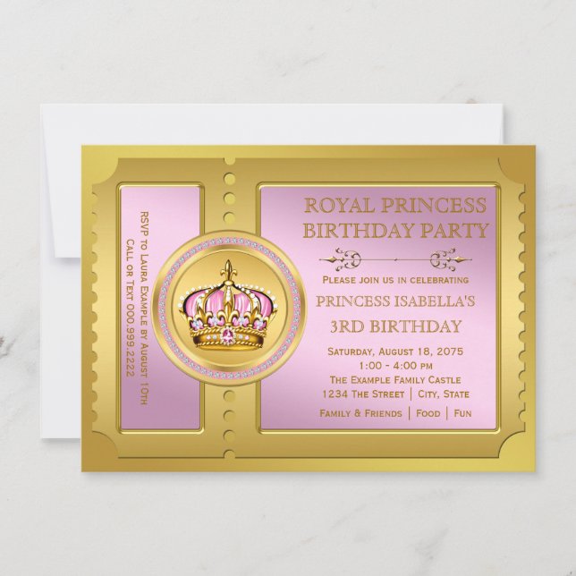Invitation Fête d'anniversaire de princesse royale rose et or (Devant)