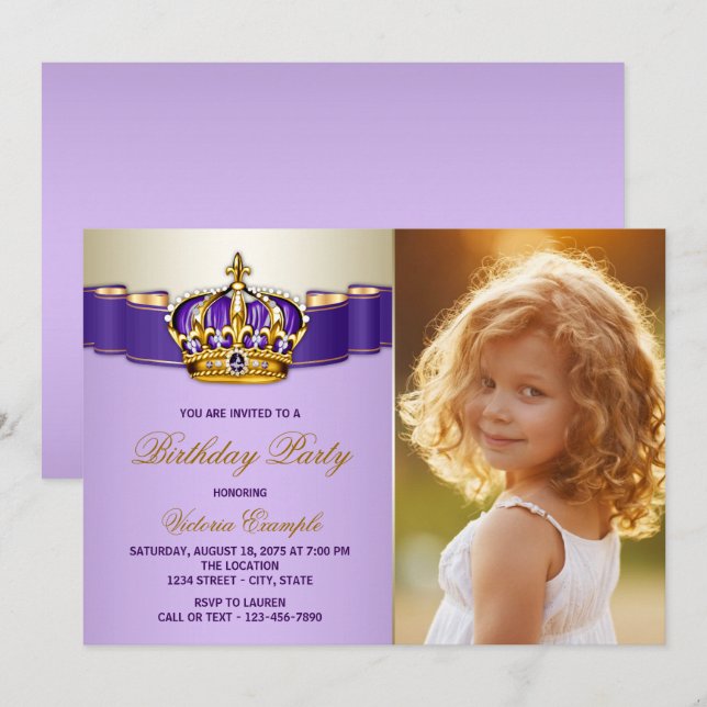 Invitation Fête d'anniversaire de princesse Violet et Or (Devant / Derrière)