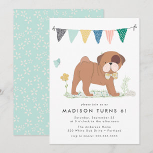 Invitation Fête d'anniversaire de Pug avec nœud papillon mign