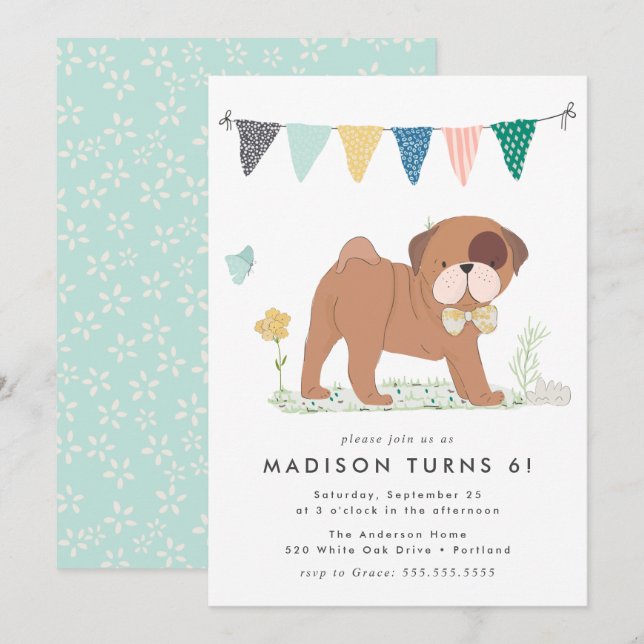 Invitation Fête d'anniversaire de Pug avec nœud papillon mign (Devant / Derrière)