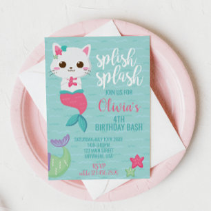 Invitation Fête d'anniversaire de Purrmaid Mermaid Kitty Pool
