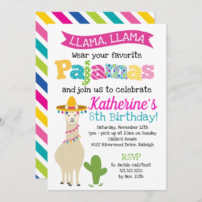 Invitation Fête d'anniversaire de pyjama de lama (Devant / Derrière)