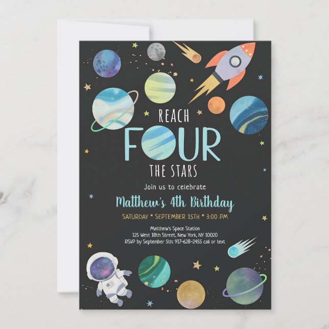 Invitation Fête d'anniversaire de quatrième année de la fusée (Devant)