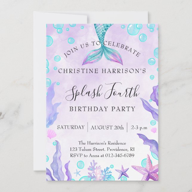 Invitation Fête d'anniversaire de quatrième fille "Splash" Si (Devant)