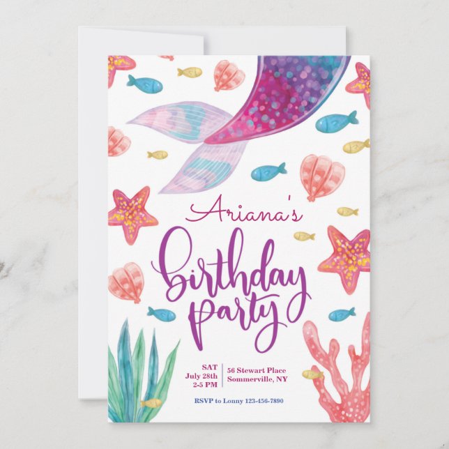 Invitation Fête d'anniversaire de queue de sirène (Devant)