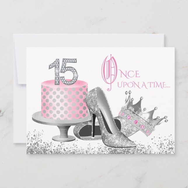 Invitation Fête d'anniversaire de Quinceañera rose et argent (Devant)