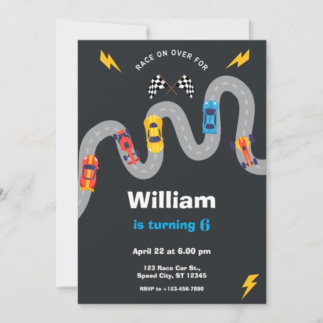 Invitation Fête d'anniversaire de rallye de voitures de cours (Devant)