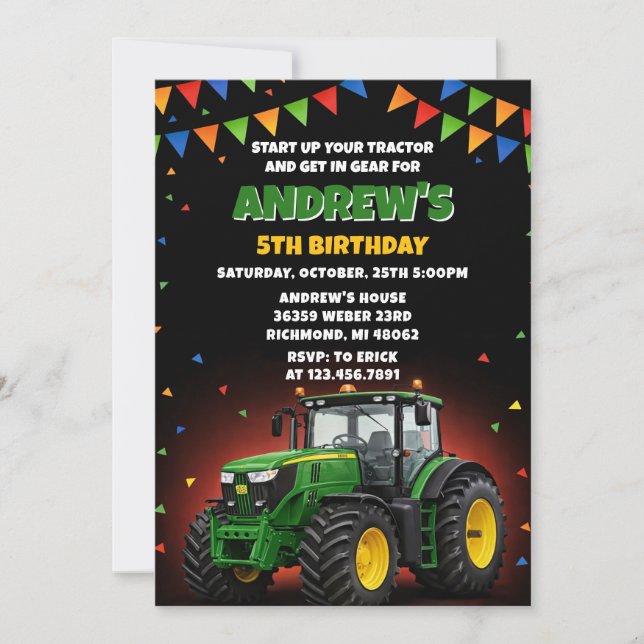 Invitation Fête d'anniversaire de ranch de tracteur d'aquarel (Devant)