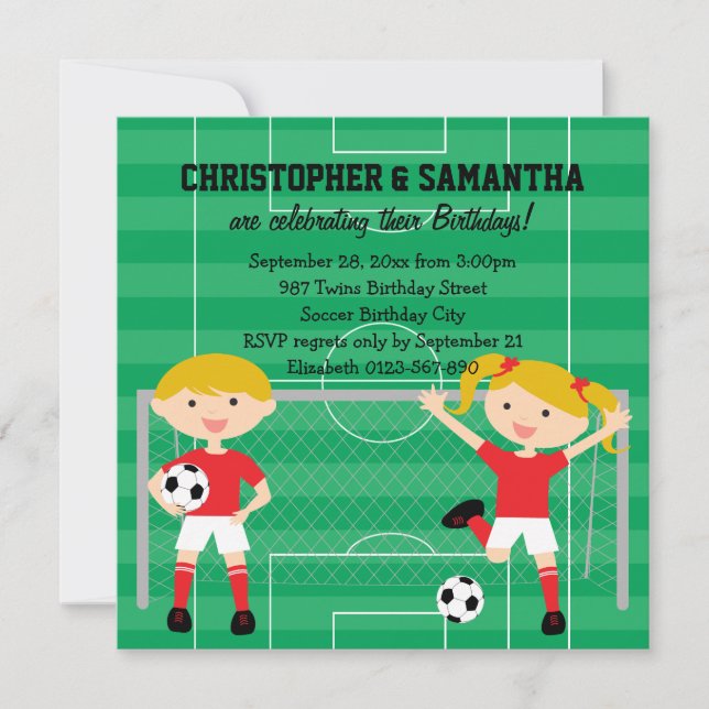Invitation Fête d'anniversaire de Red and White Twins Soccer  (Devant)