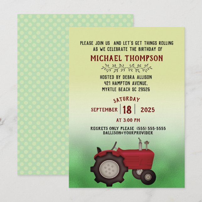 Invitation Fête d'anniversaire de Red Tractor (Devant / Derrière)