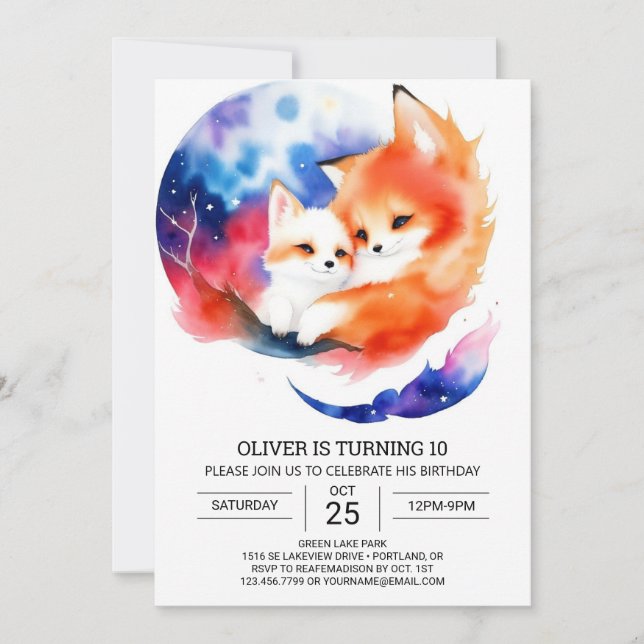 Invitation Fête d'anniversaire de renard lunaire délice (Devant)