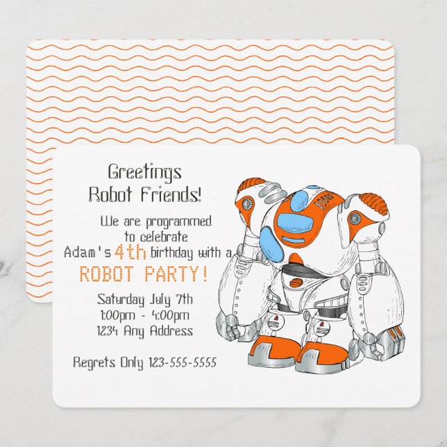 Invitation Fête d'anniversaire de robot (Devant / Derrière)