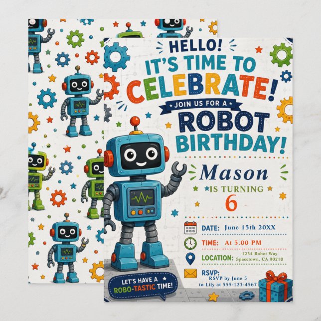 Invitation Fête d'anniversaire de robot (Devant / Derrière)