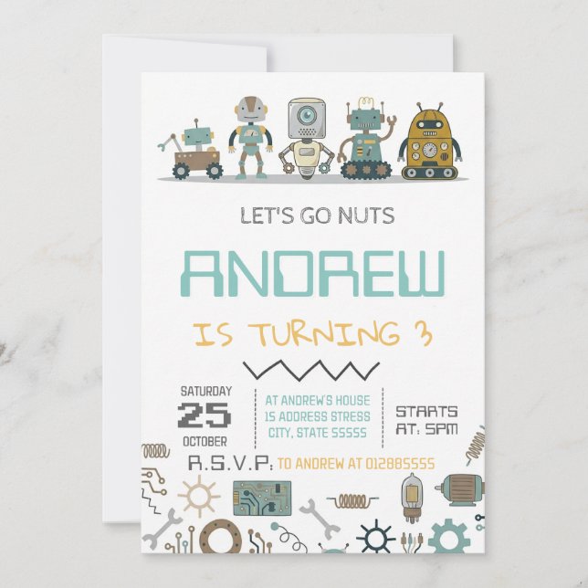 Invitation Fête d'anniversaire de robot personnalisé (Devant)