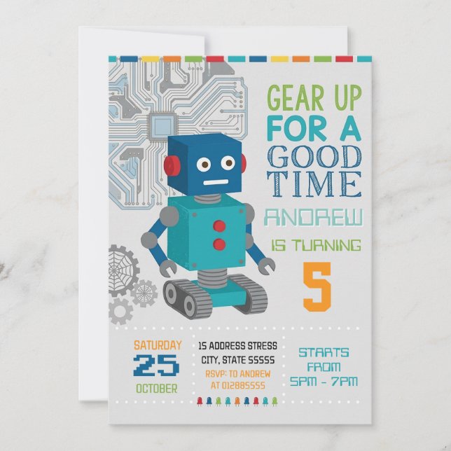 Invitation Fête d'anniversaire de robot personnalisé (Devant)