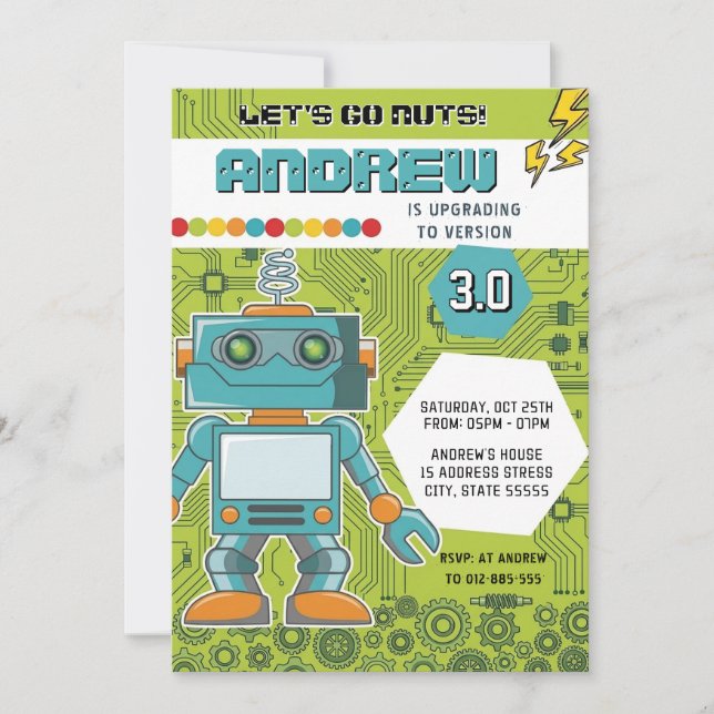 Invitation Fête d'anniversaire de robot personnalisé (Devant)
