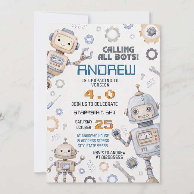 Invitation Fête d'anniversaire de robot technologique personn (Devant)