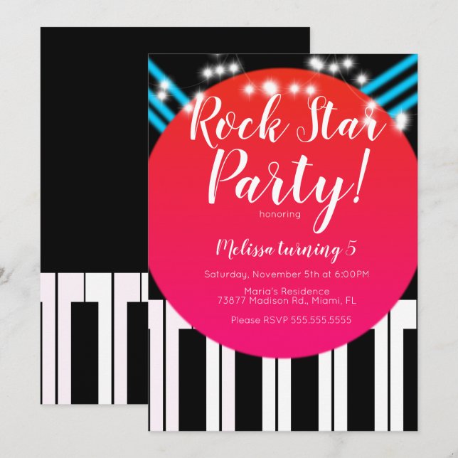 Invitation Fête d'anniversaire de Rockstar au piano musical (Devant / Derrière)
