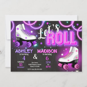 Invitation Fête d'anniversaire de roller en commun Neon Glow