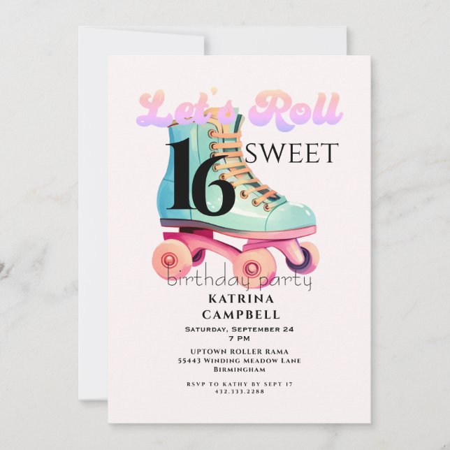 Invitation Fête d'anniversaire de roller skating pour 16 ans  (Devant)