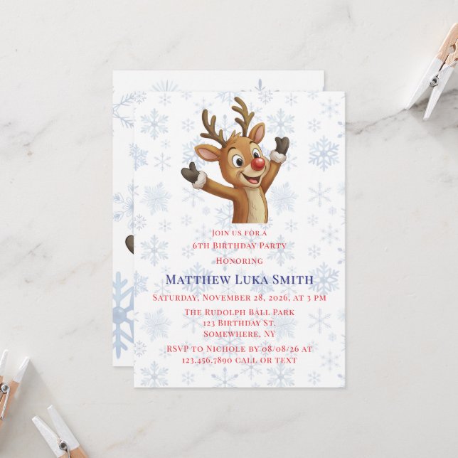 Invitation Fête d'anniversaire de Rudolph aux flocons de neig (Devant/Arrière en situation)