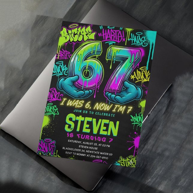 Invitation Fête d'anniversaire de rue Graffiti 7 ans (Graffiti Street Art 7th Birthday Party Invitation)