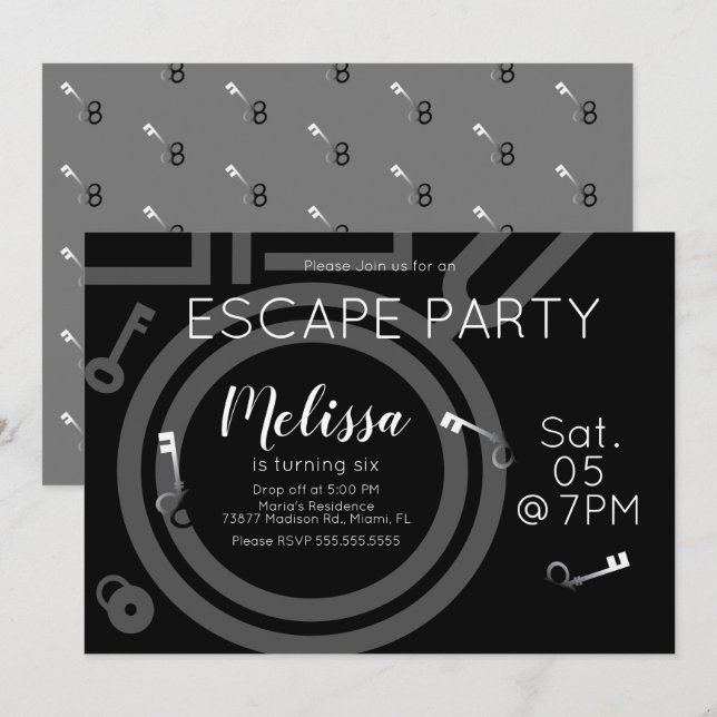 Invitation Fête d'anniversaire de salle d'évasion moderne gri (Devant / Derrière)