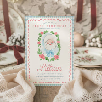 Invitation Fête d'anniversaire de Santa Floral et Gingham Vin