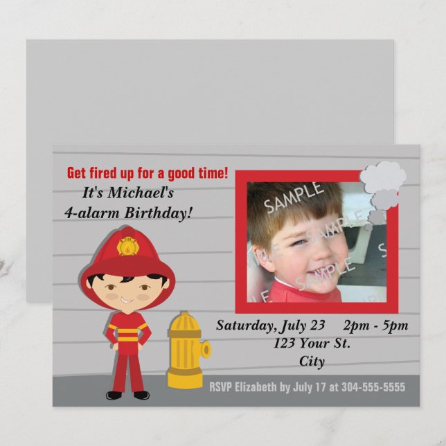 Invitation Fête d'anniversaire de sapeur-pompier (Devant / Derrière)