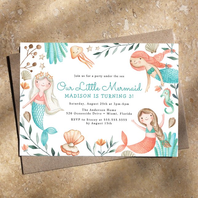 Invitation Fête d'anniversaire de sirène à l'aquarelle sous l (Créateur téléchargé)