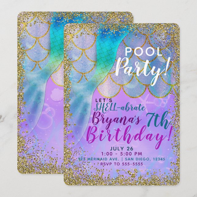 Invitation Fête d'anniversaire de sirène à paillettes de perl (Devant / Derrière)