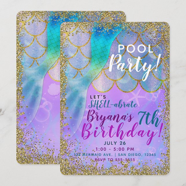 Invitation Fête d'anniversaire de sirène à paillettes de perl (Devant / Derrière)