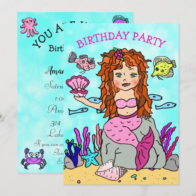 Invitation Fête d'anniversaire de sirène avec coquillage sous (Devant / Derrière)