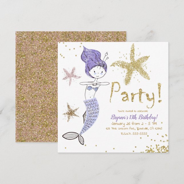 Invitation Fête d'anniversaire de sirène avec paillettes viol (Devant / Derrière)