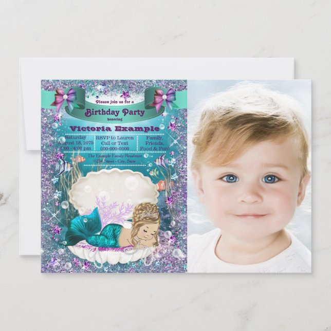 Invitation Fête d'anniversaire de sirène blonde violette et s (Devant)