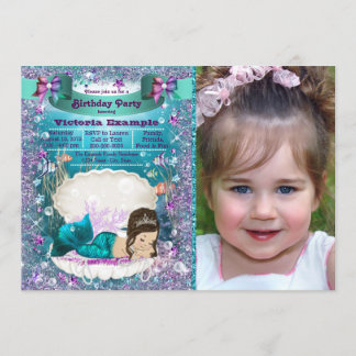 Invitation Fête d'anniversaire de sirène brune violette et sa