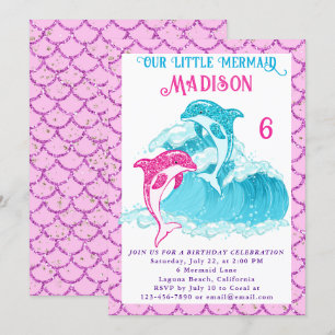 Invitation Fête d'anniversaire de Sirène Dauphin Bleu Mer Océ