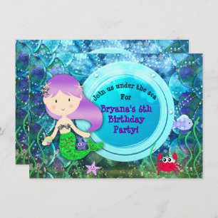 Invitation Fête d'anniversaire de sirène de fille sous la
