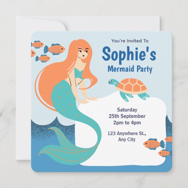 Invitation Fête d'anniversaire de sirène de filles bleu orang (Devant)