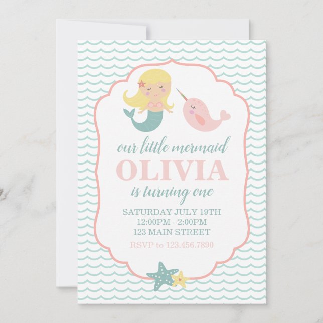 Invitation Fête d'anniversaire de sirène pastel rose pour un  (Devant)