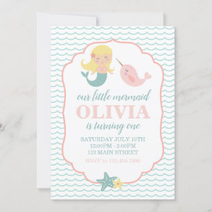 Invitation Fête d'anniversaire de sirène pastel rose pour un