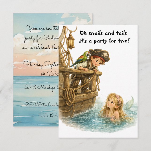Invitation Fête d'anniversaire de sirène pirate numérique (Devant / Derrière)
