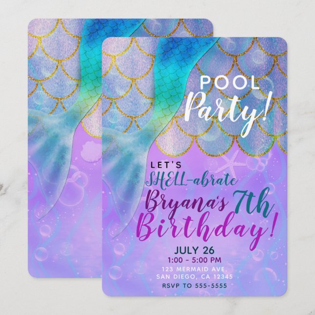 Invitation Fête d'anniversaire de sirène scintillante perle i (Devant / Derrière)