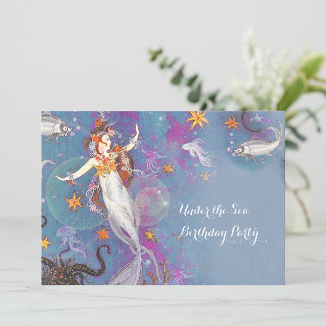Invitation Fête d'anniversaire de sirène sous la mer (Debout devant)