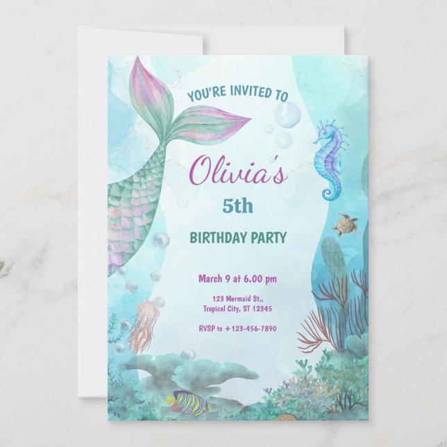 Invitation Fête d'anniversaire de sirène sous la mer (Devant)