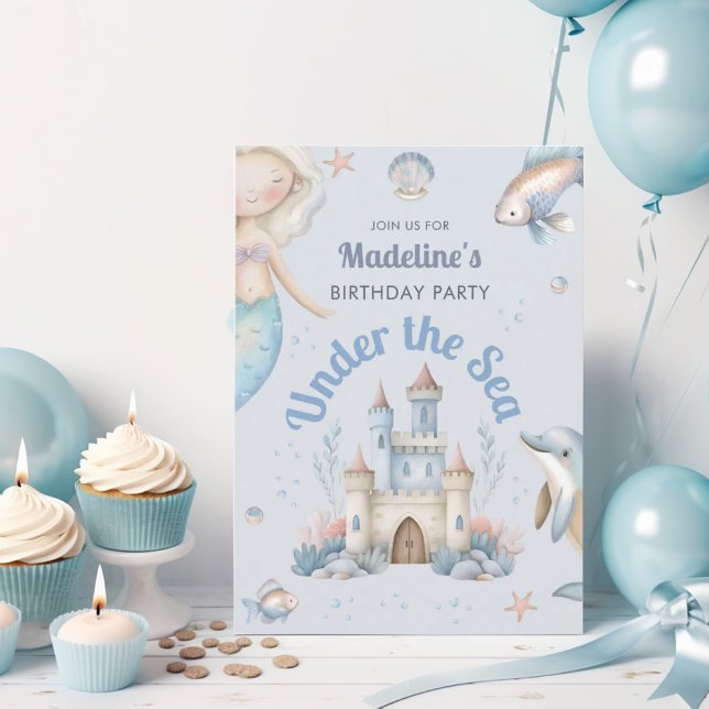 Invitation Fête d'anniversaire de sirène sous la mer bleue (Créateur téléchargé)