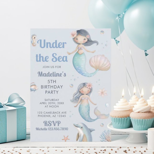 Invitation Fête d'anniversaire de sirène sous la mer bleue (Créateur téléchargé)