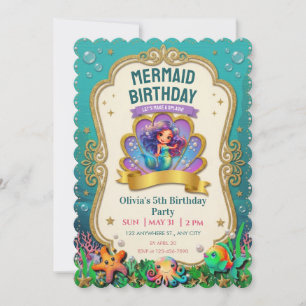Invitation Fête d'anniversaire de sirène sous la mer scintill