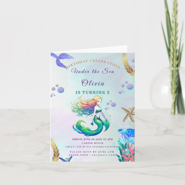 Invitation Fête d'anniversaire de sirène sous la mer Violet e (Devant)