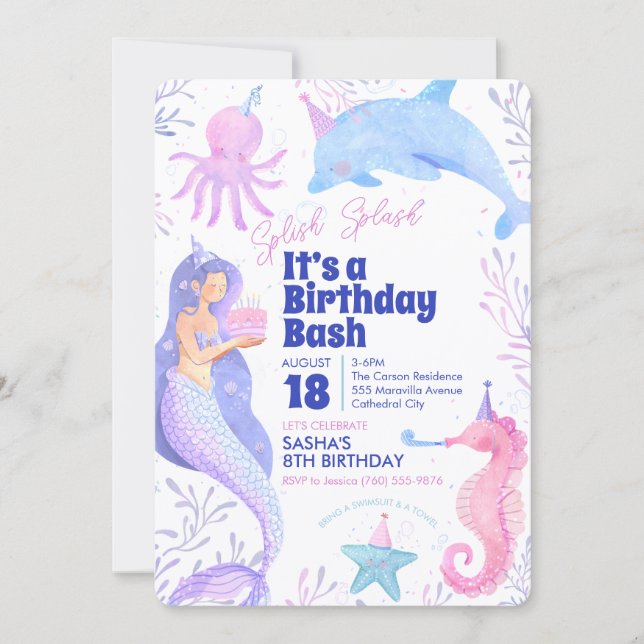Invitation Fête d'anniversaire de sirène Splash Splash Fête p (Devant)